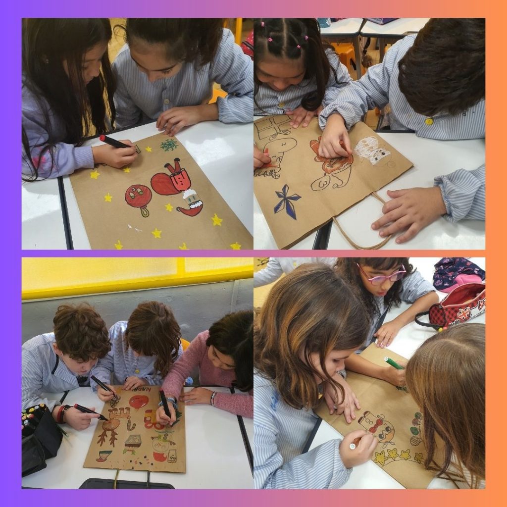 Tots els alumnes de l’escola, participem en diversos actes de la campanya de Nadal. En aquest cas, ens podeu veure decorant les bosses solidàries  que omplirem de dolços per a la gent gran amb menys recursos.