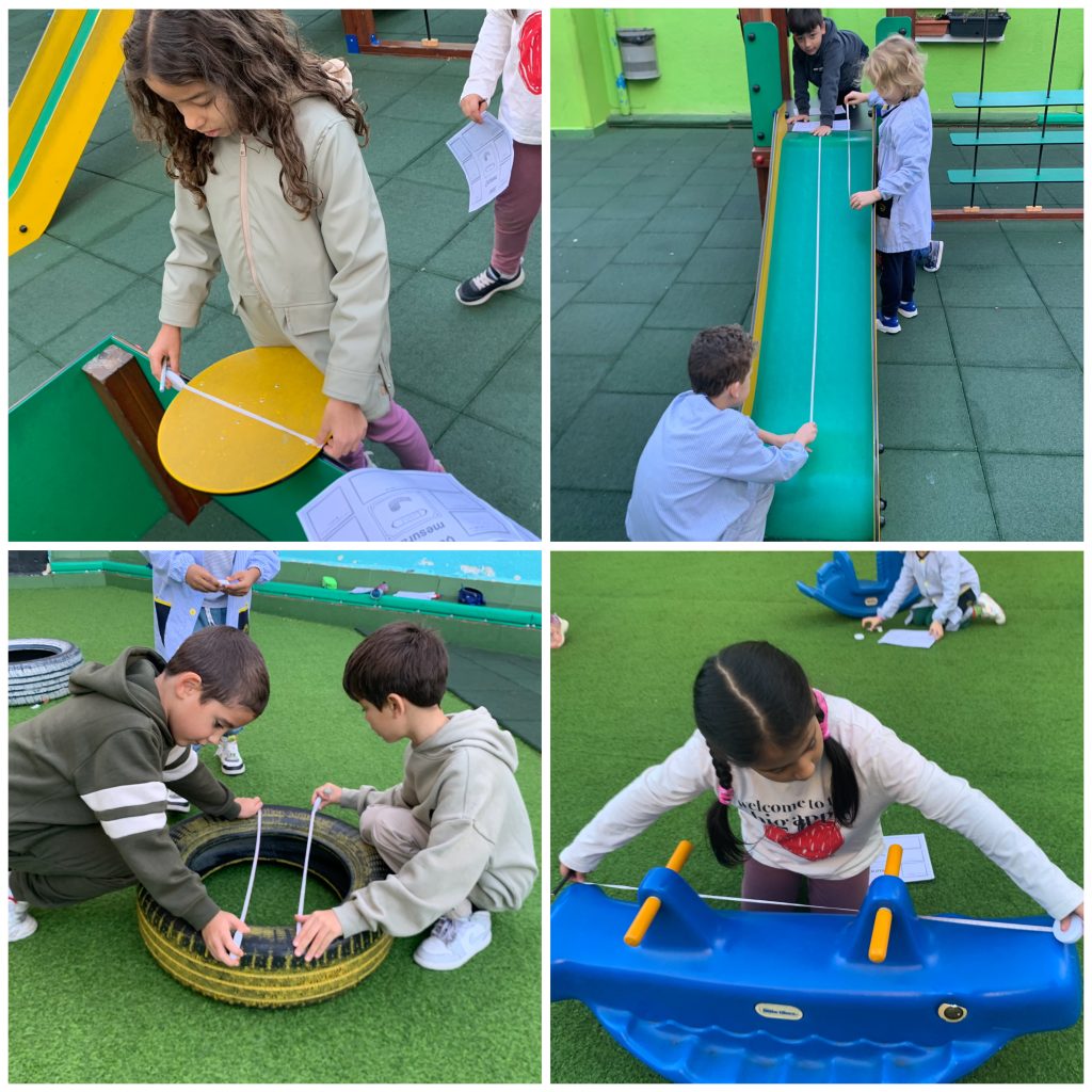 Els nens i nenes de 2n B hem sortit al pati per convertir-nos en petits investigadors i investigadores de les mesures.